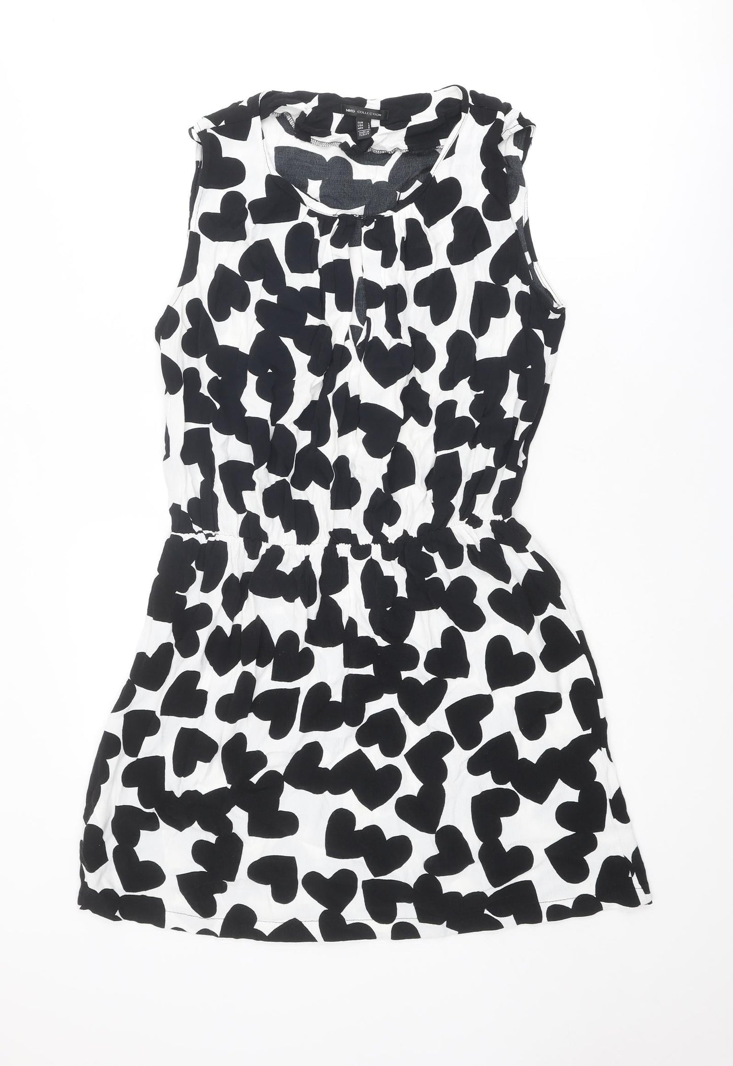 Mango Womens Black Geometric Viscose A-Line Size L Round Neck Hook & Eye - Heart pattern