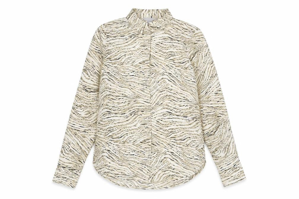 H&M Womens Beige Animal Print Polyester Basic Button-Up Size 10 Collared - Tiger Print