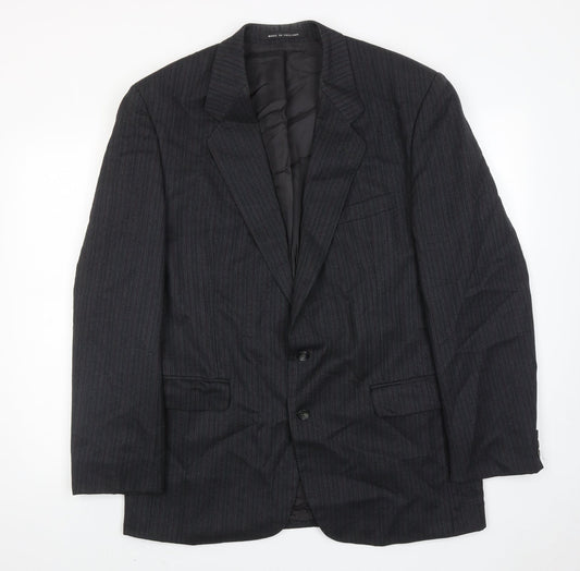 The label Mens Grey Striped Wool Jacket Suit Jacket Size 44 Regular