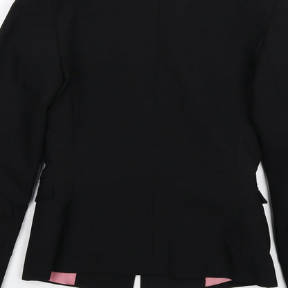 Brand and care label for Miss Selfridge women’s black polyester jacket blazer, size UK 6