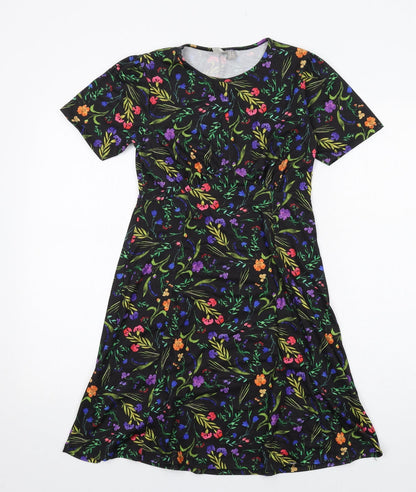 Additional front view of ASOS women’s multicoloured floral polyester t-shirt dress, size UK 8, round neck pullover