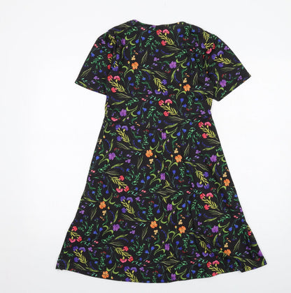 Back view of ASOS women’s multicoloured floral polyester t-shirt dress, size UK 8, round neck pullover