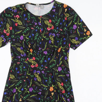 Close-up detail of ASOS women’s multicoloured floral polyester t-shirt dress, size UK 8, round neck pullover