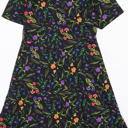Brand and care label for ASOS women’s multicoloured floral polyester t-shirt dress, size UK 8, round neck pullover