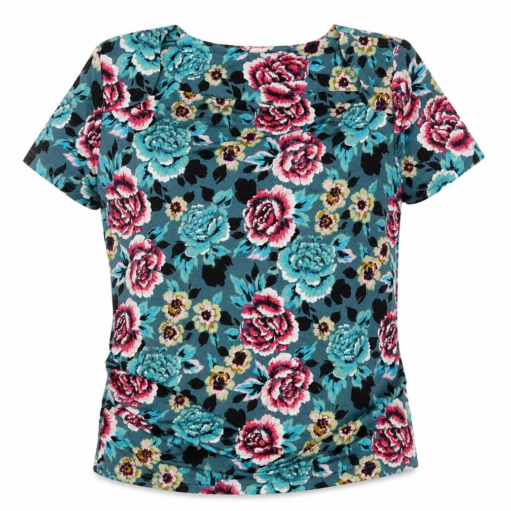 Anna Rose Womens Blue Floral Polyester Basic T-Shirt Size M Round Neck