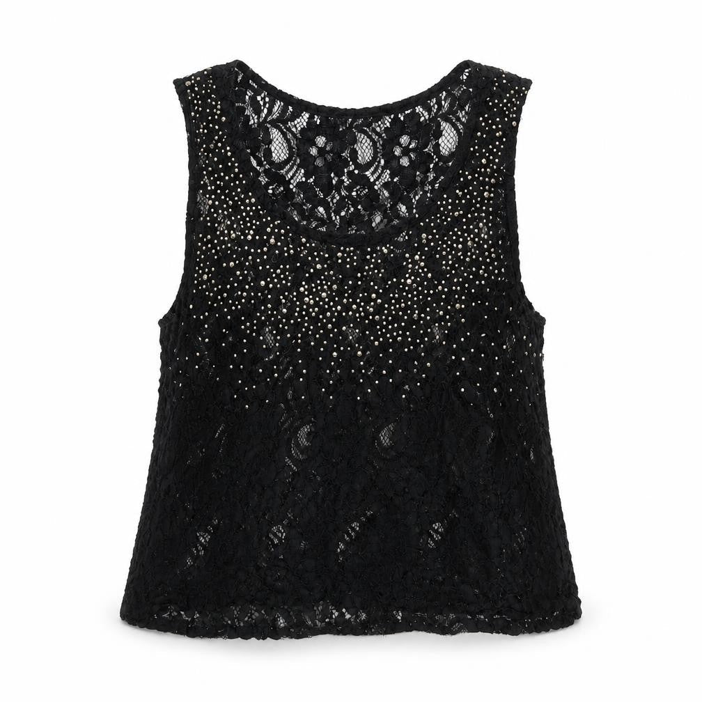 Select Womens Black Geometric Polyester Basic Tank Size 16 Round Neck