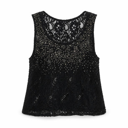 Select Womens Black Geometric Polyester Basic Tank Size 16 Round Neck