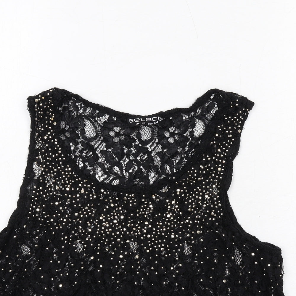 Select Womens Black Geometric Polyester Basic Tank Size 16 Round Neck