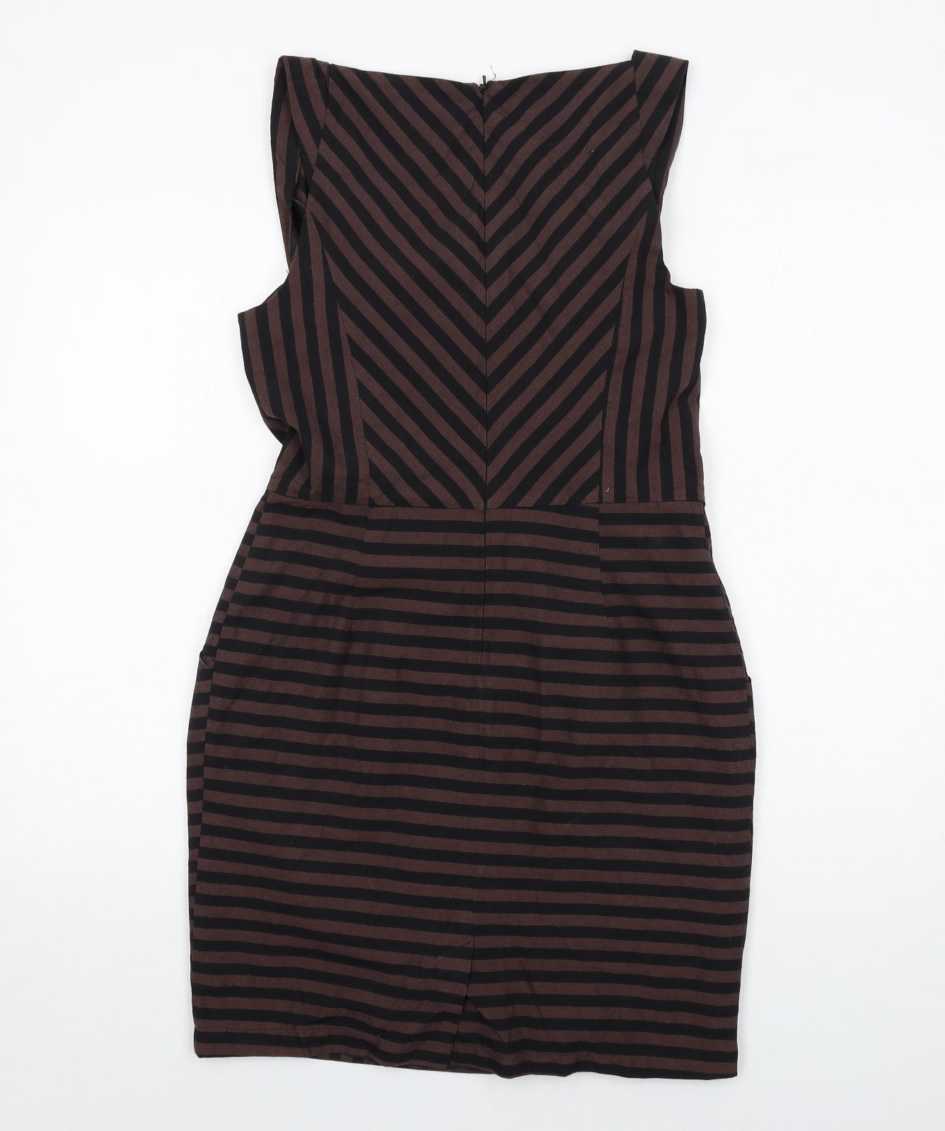 Warehouse Womens Brown Striped Polyester Shift Size 12 Cowl Neck Zip