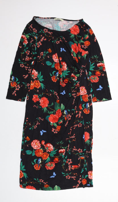 Oasis Womens Black Floral Viscose A-Line Size L Round Neck Pullover