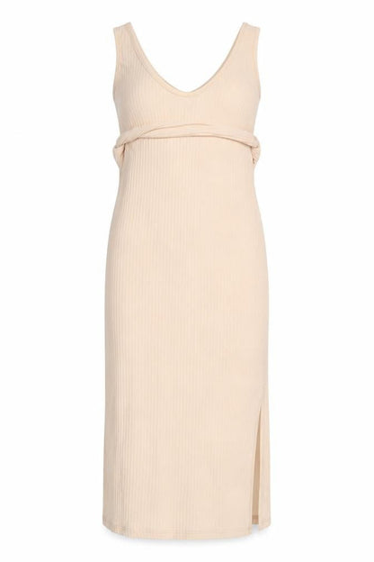 Front view of Missguided women’s beige polyester tank dress, size UK 10, v-neck pullover