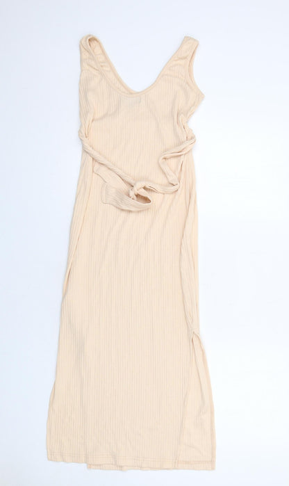 Back view of Missguided women’s beige polyester tank dress, size UK 10, v-neck pullover