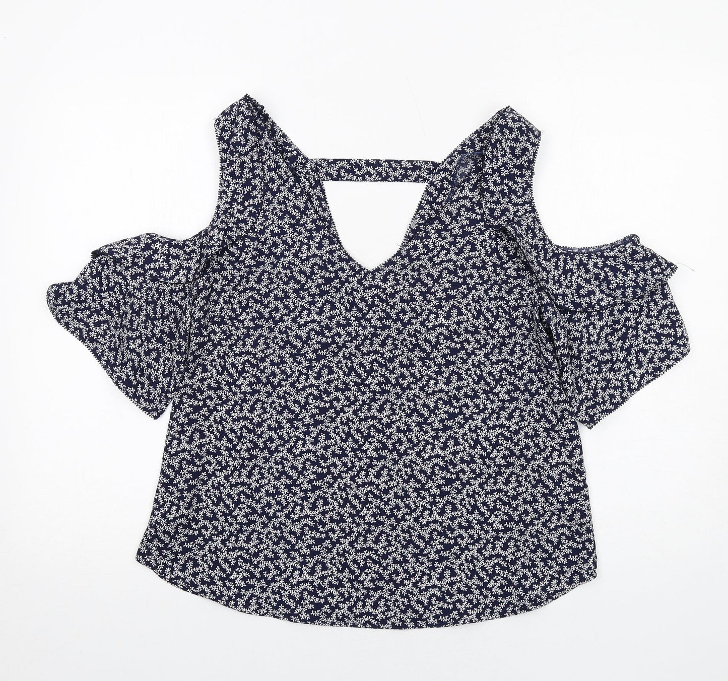 NEXT Womens Blue Geometric Polyester Basic Blouse Size 12 V-Neck - Cold Shoulder