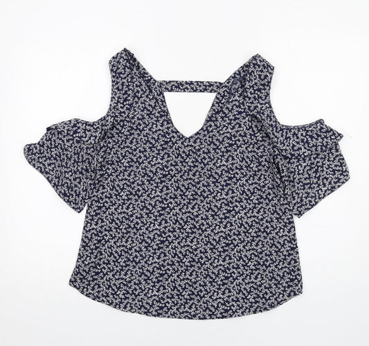 NEXT Womens Blue Geometric Polyester Basic Blouse Size 12 V-Neck - Cold Shoulder