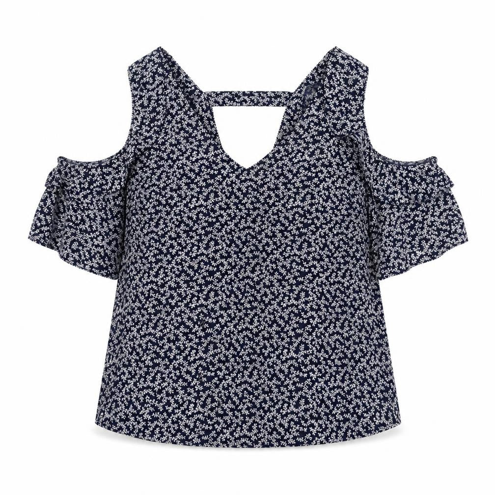 NEXT Womens Blue Geometric Polyester Basic Blouse Size 12 V-Neck - Cold Shoulder
