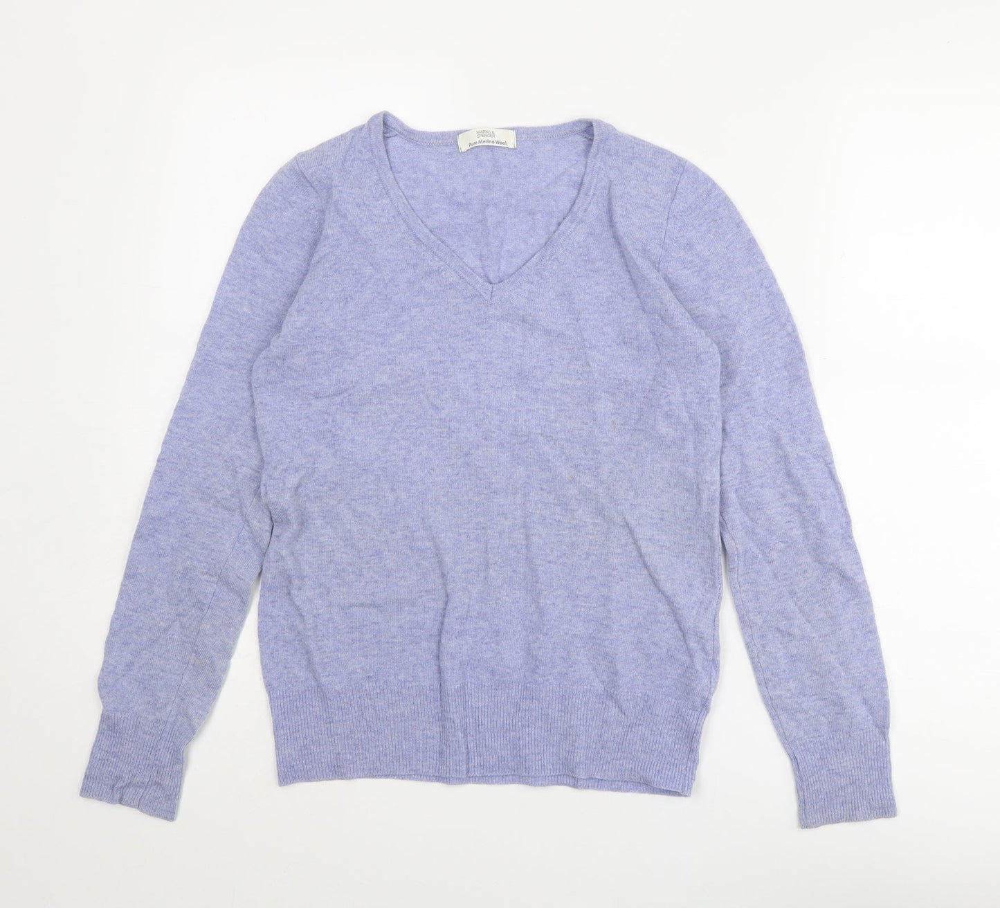 Marks and Spencer Womens Blue V-Neck Wool Pullover Jumper Size 8