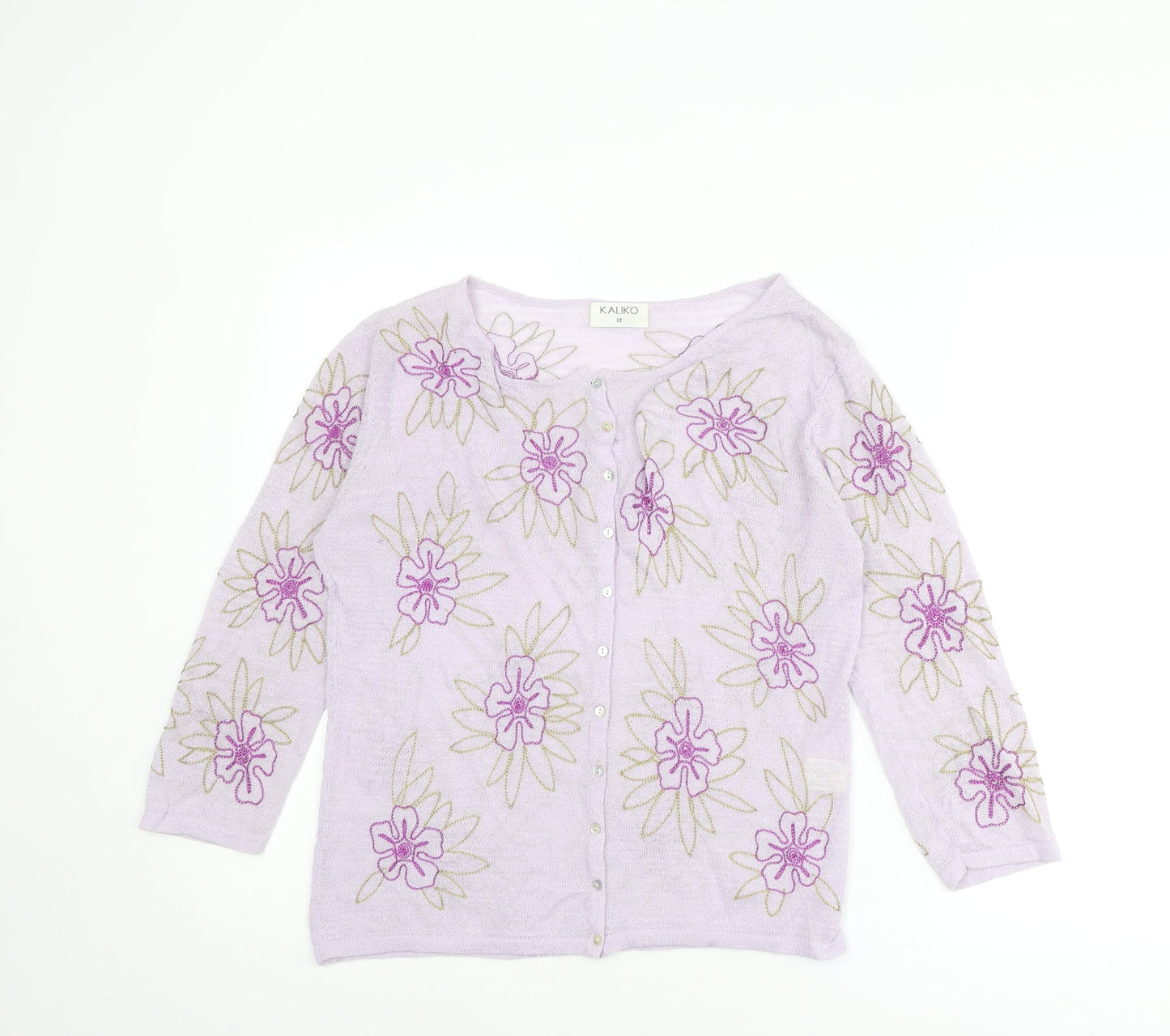 Kaliko Womens Purple Round Neck Floral Viscose Cardigan Jumper Size 12