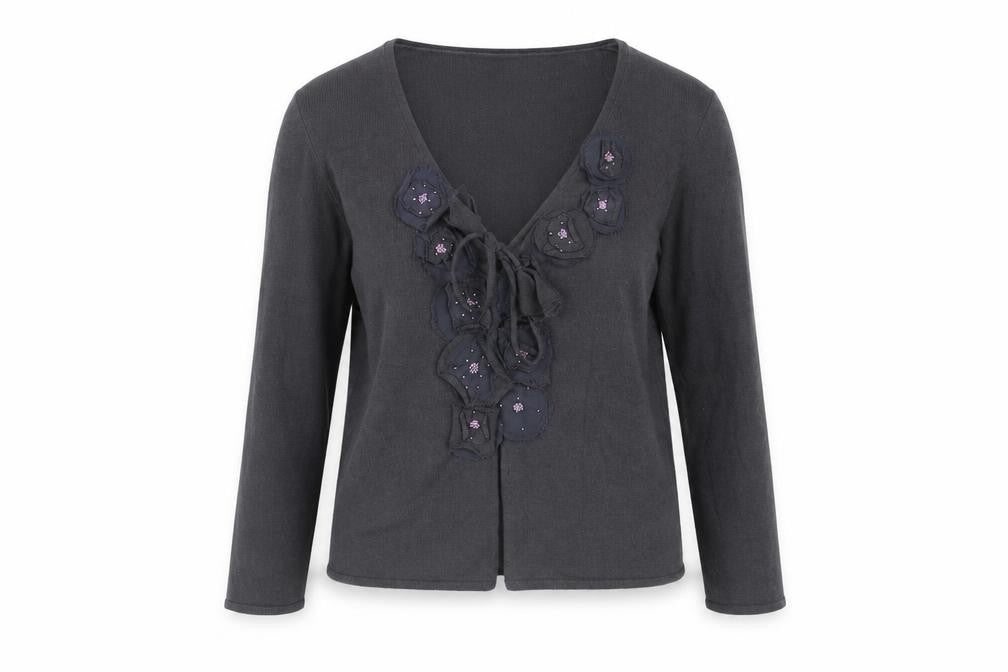 Fenn Wright Manson Womens Grey V-Neck Cotton Cardigan Jumper Size 12 - Flower Detail