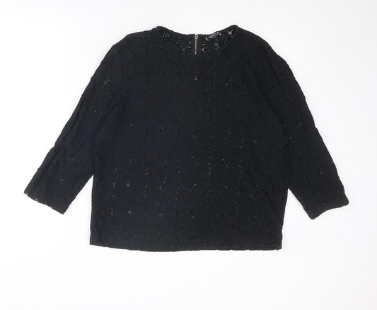 Mango Womens Black Floral Polyester Basic Blouse Size L Round Neck
