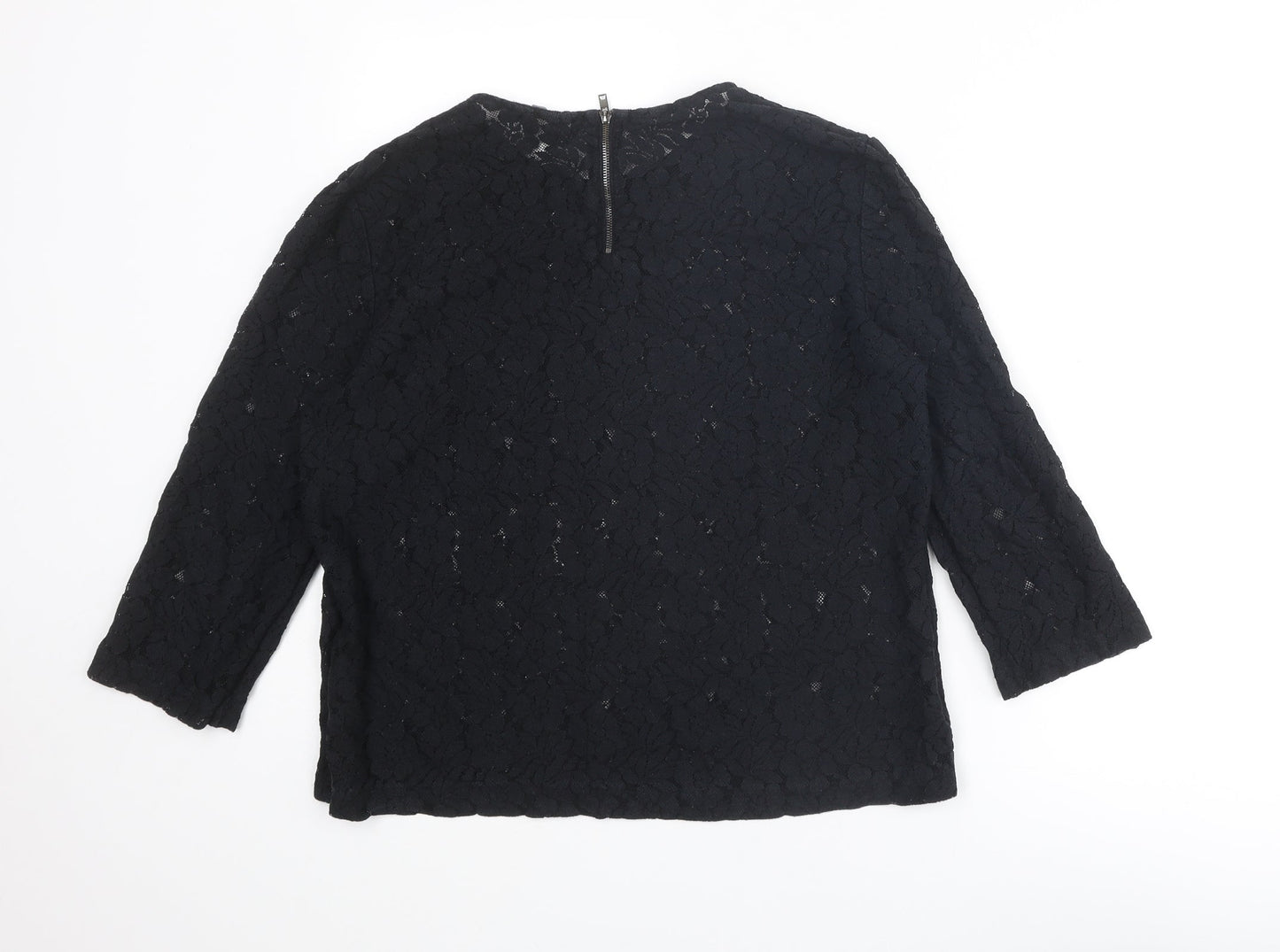 Mango Womens Black Floral Polyester Basic Blouse Size L Round Neck