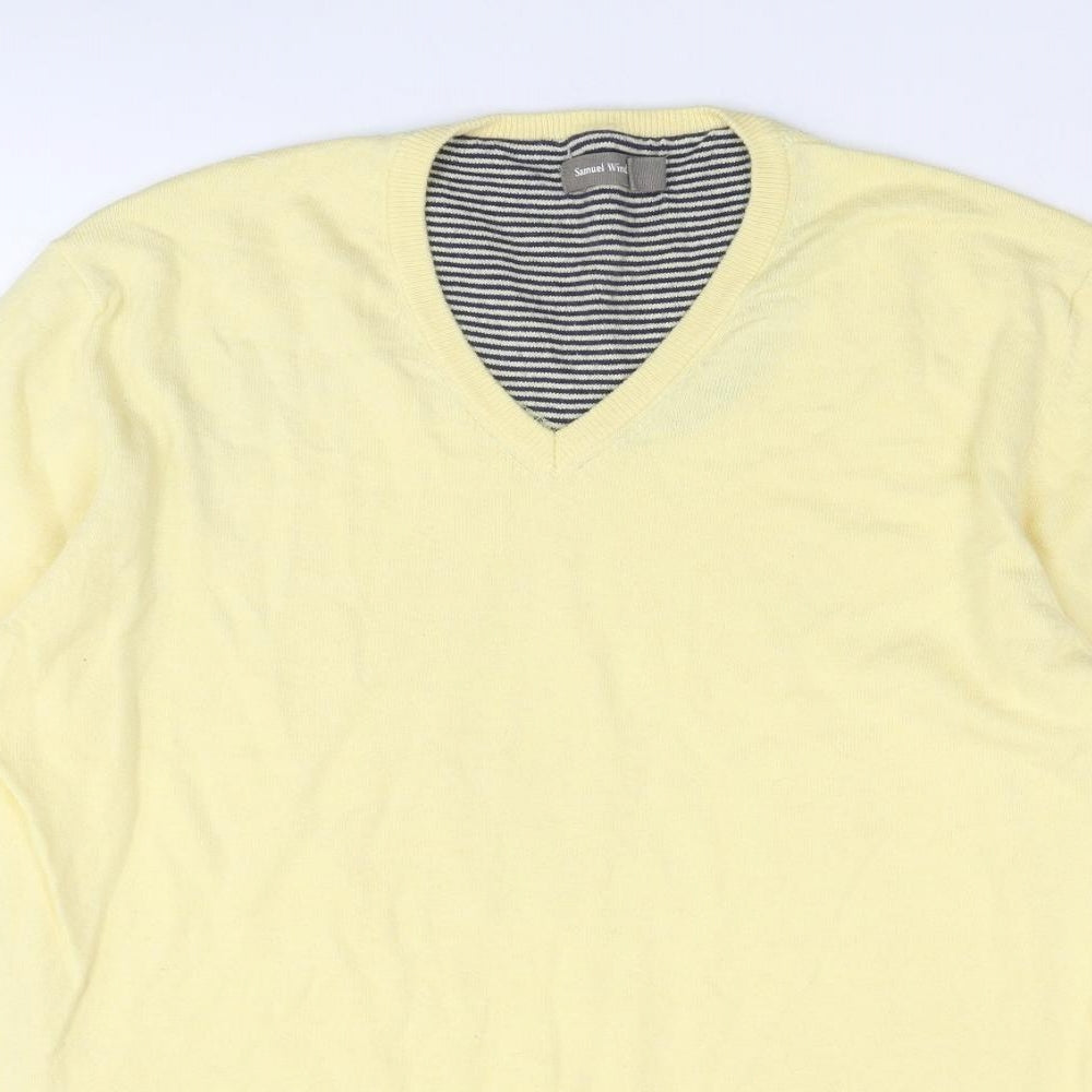 Samuel Windsor Mens Yellow V-Neck Cotton Pullover Jumper Size L Long Sleeve