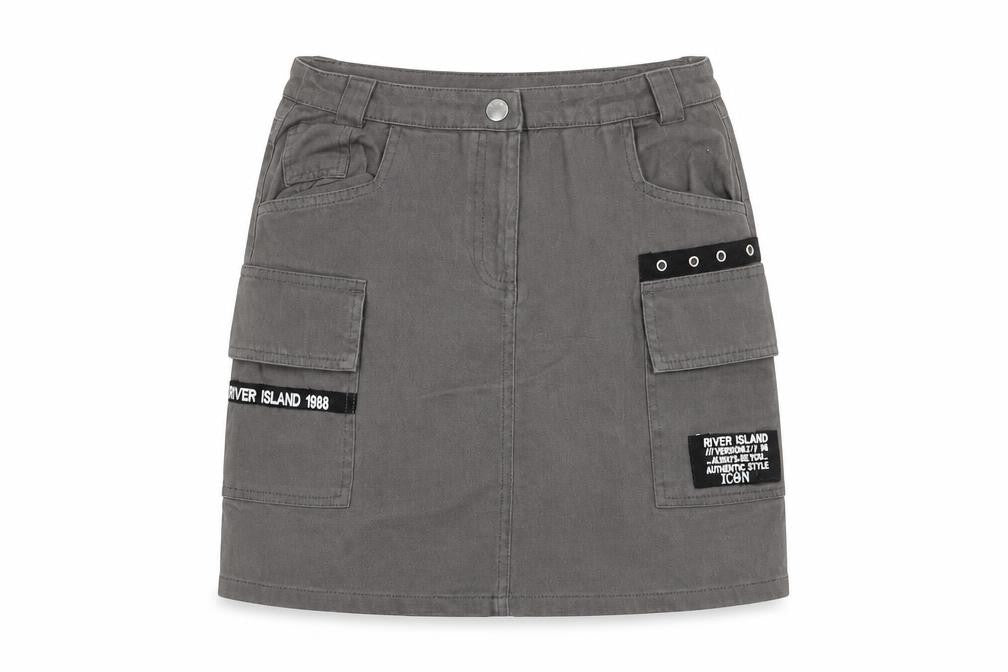 River Island Girls Grey 100% Cotton Cargo Skirt Size 11 Years Regular Zip