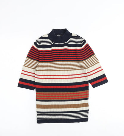 Additional front view of Miss Selfridge women’s multicoloured striped cotton basic blouse, size UK 8, mock neck
