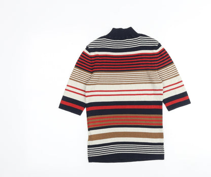 Back view of Miss Selfridge women’s multicoloured striped cotton basic blouse, size UK 8, mock neck