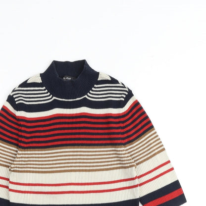 Close-up detail of Miss Selfridge women’s multicoloured striped cotton basic blouse, size UK 8, mock neck