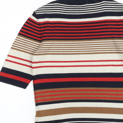 Brand and care label for Miss Selfridge women’s multicoloured striped cotton basic blouse, size UK 8, mock neck