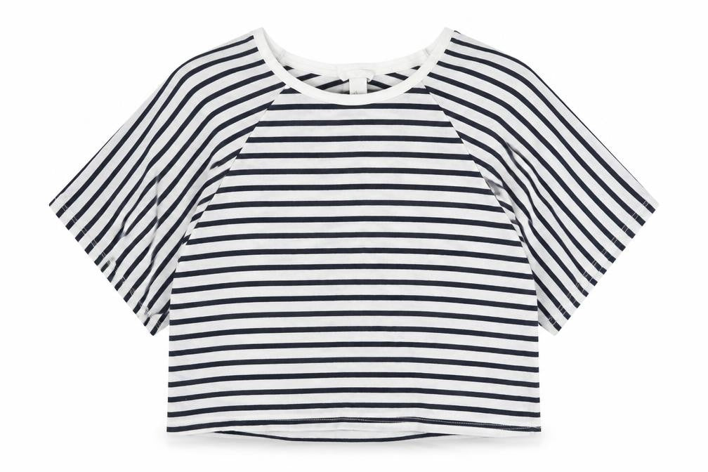 H&M Womens Blue Striped Cotton Cropped T-Shirt Size L Round Neck