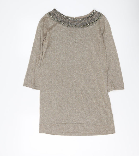 Marks and Spencer Womens Gold Round Neck Viscose Tunic Jumper Size 14