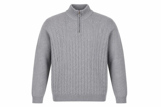 Front view of Atlantic Bay men’s grey round neck cotton henley jumper, size XL, long sleeve