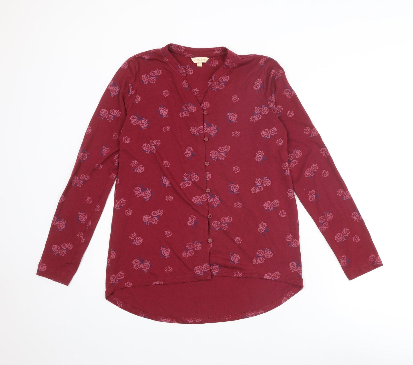 Plum Tree Womens Red Floral Polyester Basic Button-Up Size 8 V-Neck