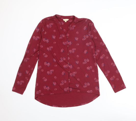 Plum Tree Womens Red Floral Polyester Basic Button-Up Size 8 V-Neck
