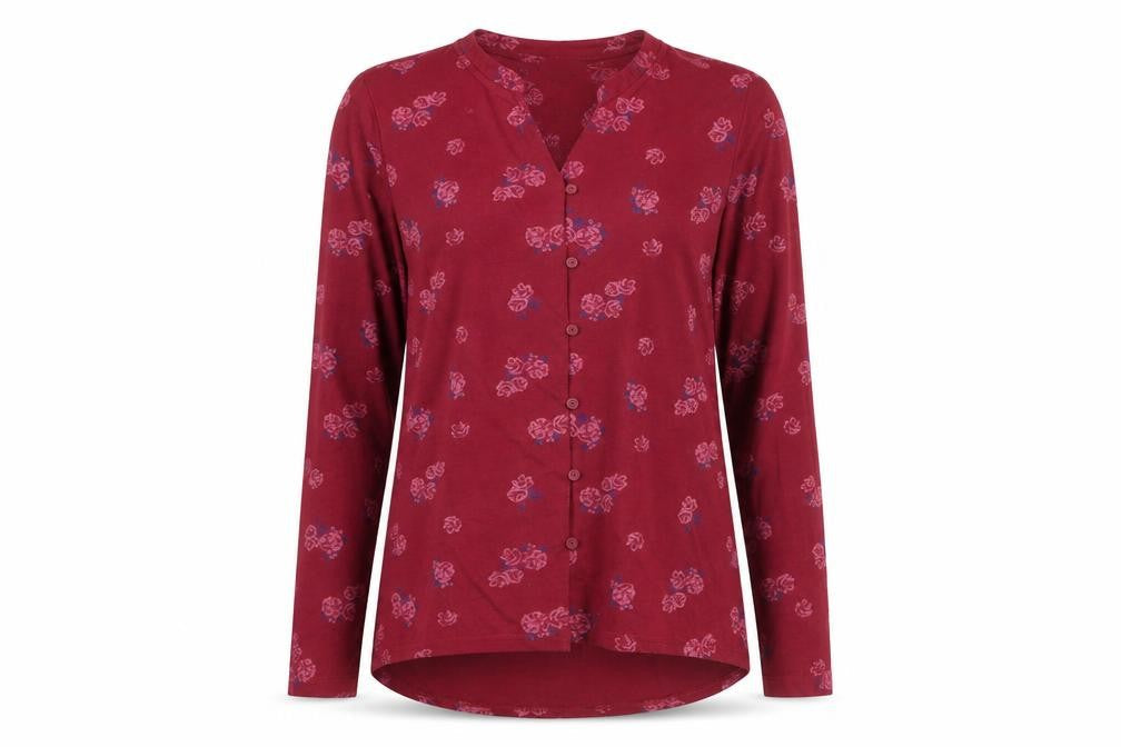 Plum Tree Womens Red Floral Polyester Basic Button-Up Size 8 V-Neck