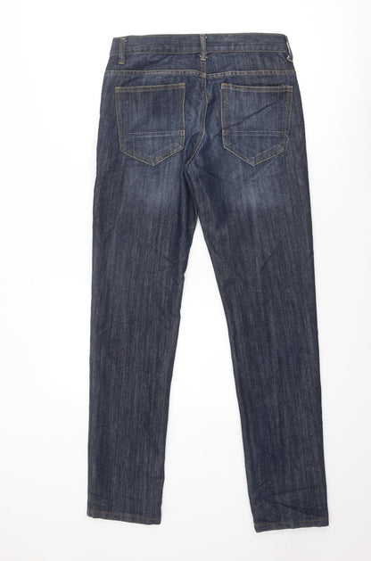 Back view of Denim & Co. men’s blue cotton straight jeans, size 30, in regular button