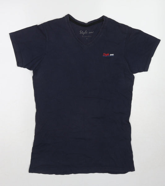 Style One Womens Blue Cotton Basic T-Shirt Size M V-Neck