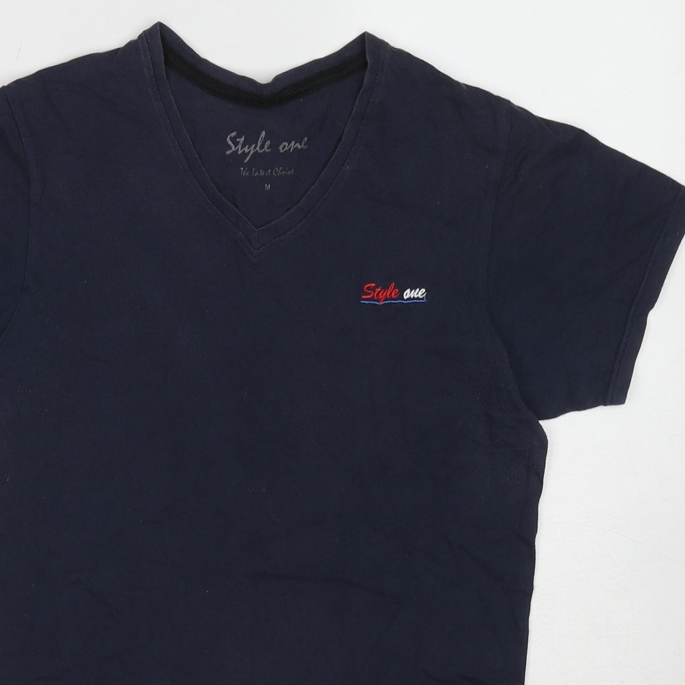 Style One Womens Blue Cotton Basic T-Shirt Size M V-Neck
