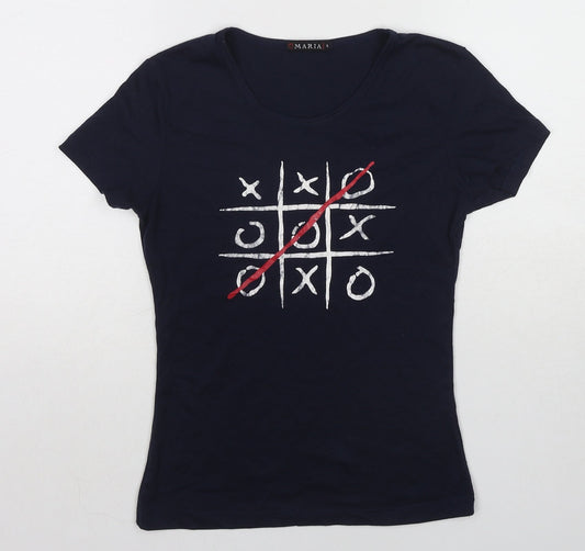 Maria Womens Blue Cotton Basic T-Shirt Size S Round Neck - Tic-Tac-Toe