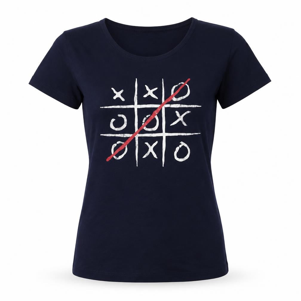 Maria Womens Blue Cotton Basic T-Shirt Size S Round Neck - Tic-Tac-Toe
