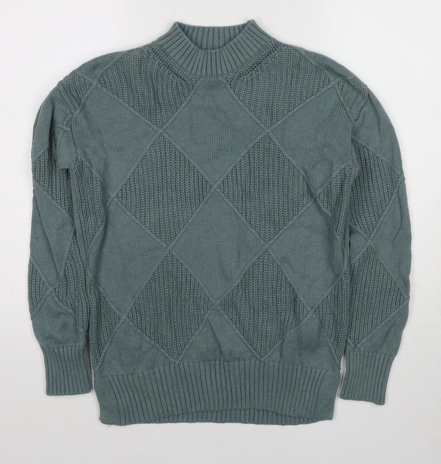 Marks and Spencer Womens Green High Neck Argyle/Diamond Cotton Pullover Jumper Size S