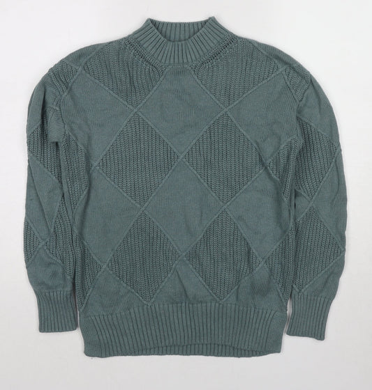 Marks and Spencer Womens Green High Neck Argyle/Diamond Cotton Pullover Jumper Size S
