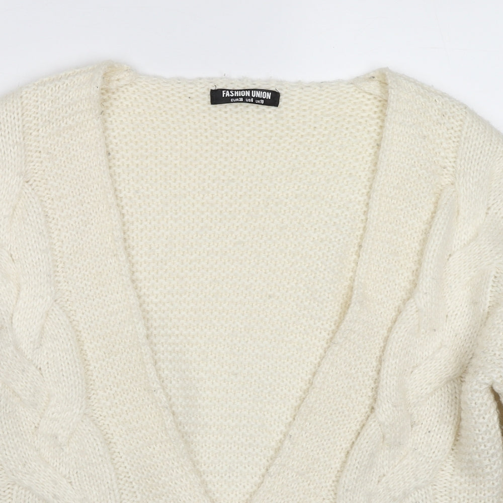 Fashion Union Womens White V-Neck Acrylic Cardigan Jumper Size 10