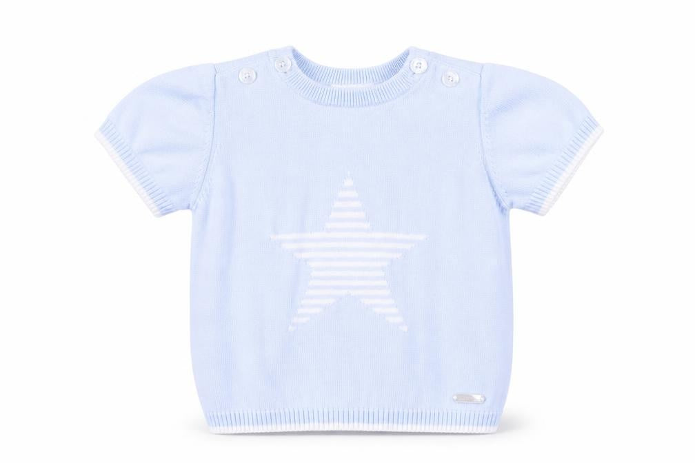 Mintini Boys Blue Cotton Basic T-Shirt Size 12-18 Months Round Neck Button - Star Print