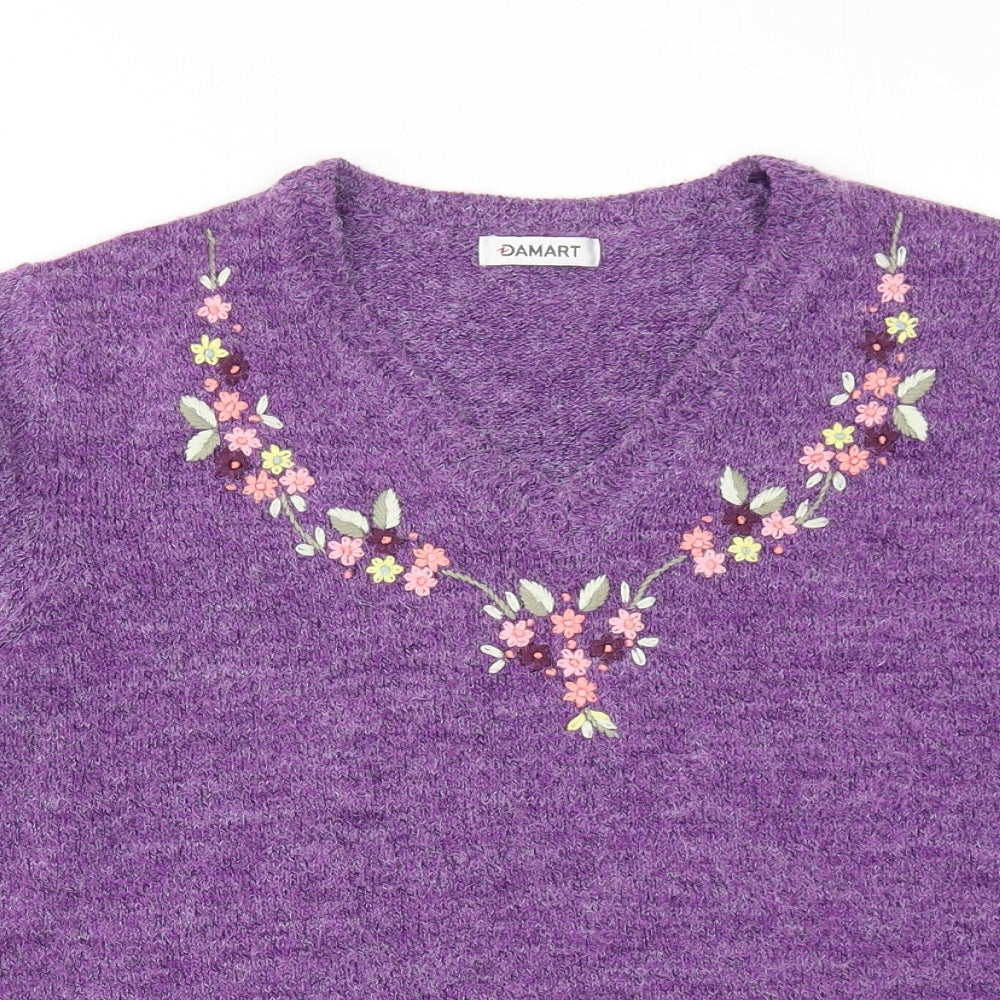 Damart Womens Purple V-Neck Acrylic Pullover Jumper Size 10