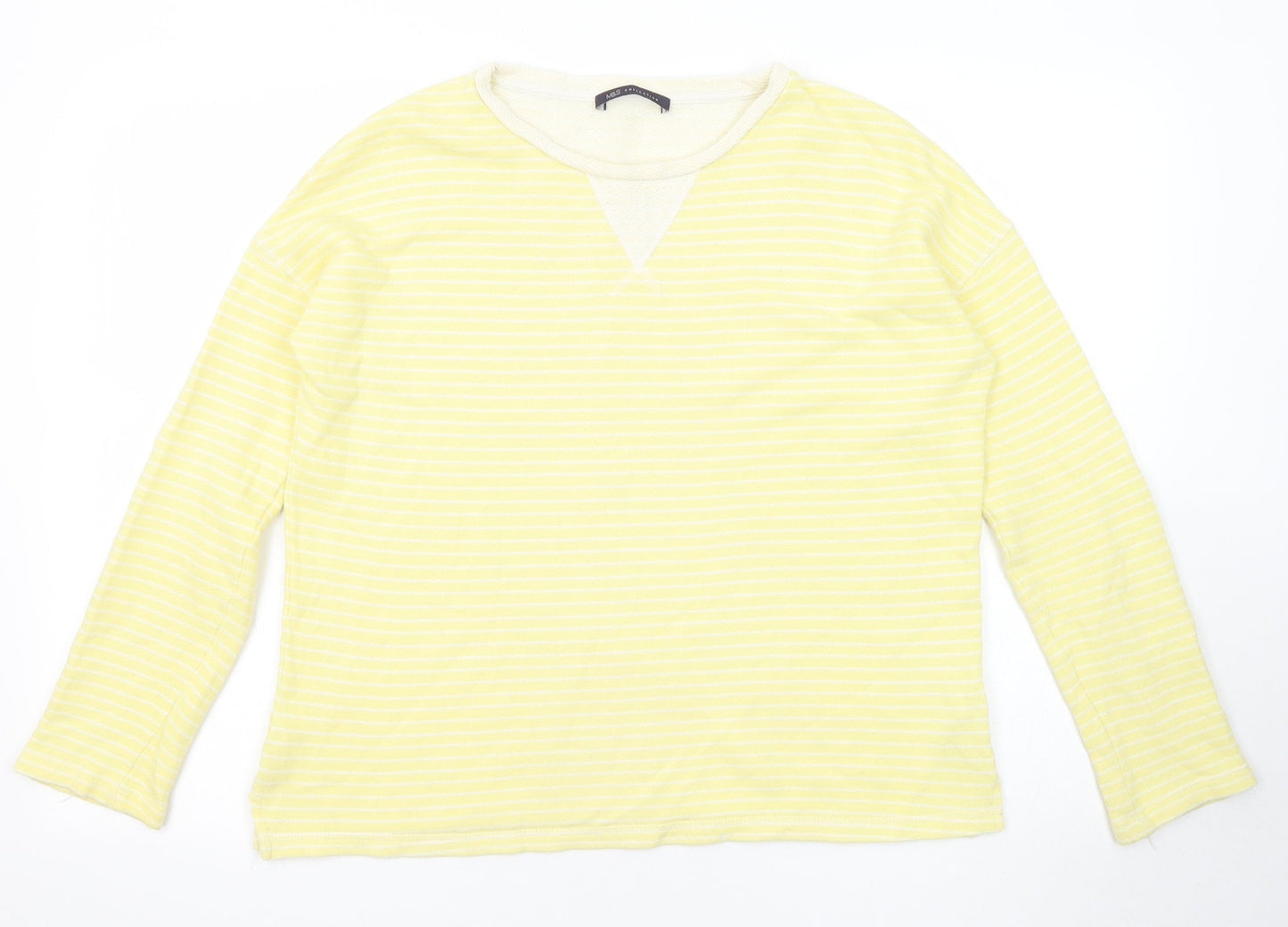Marks and Spencer Womens Yellow Striped Cotton Basic T-Shirt Size 8 Round Neck