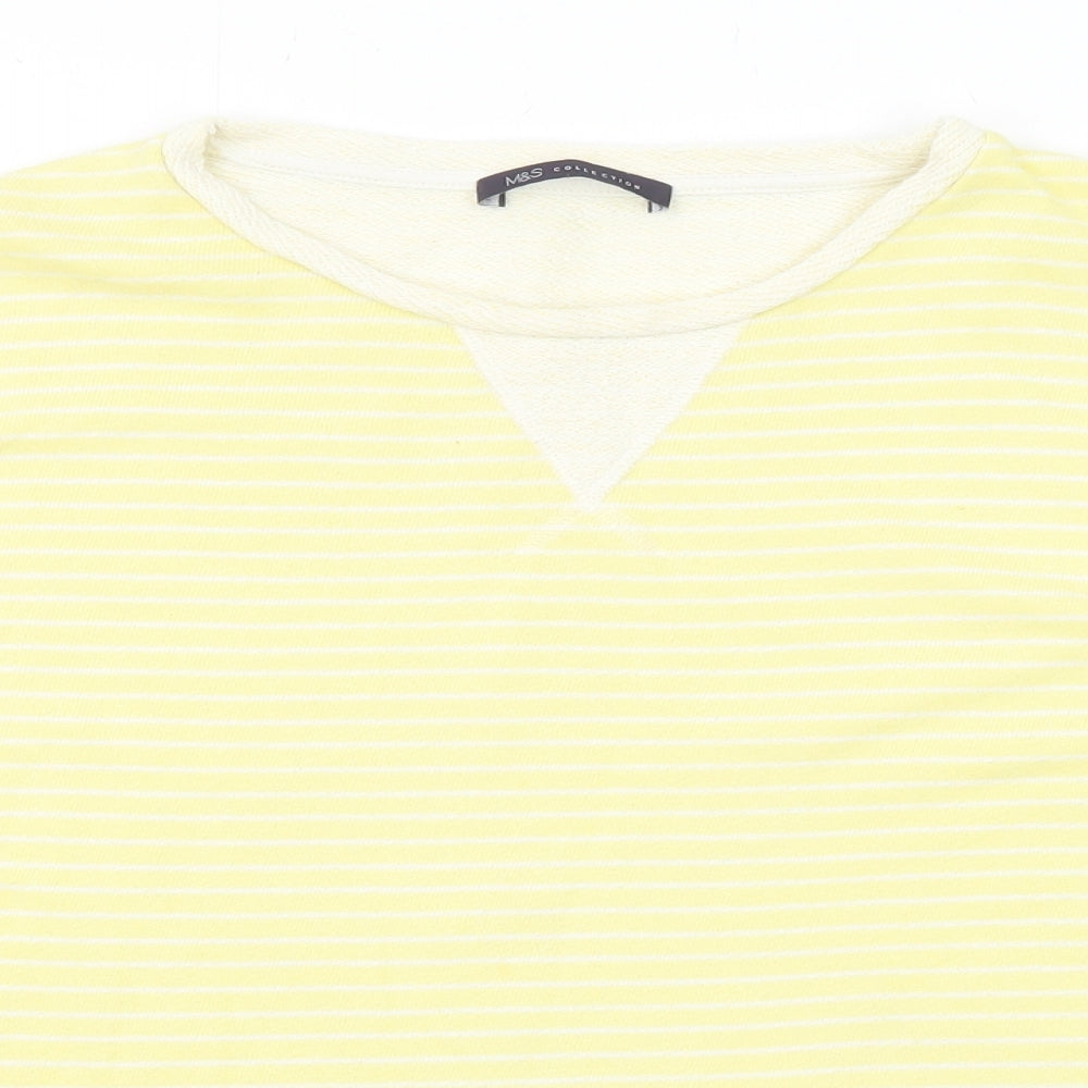 Marks and Spencer Womens Yellow Striped Cotton Basic T-Shirt Size 8 Round Neck