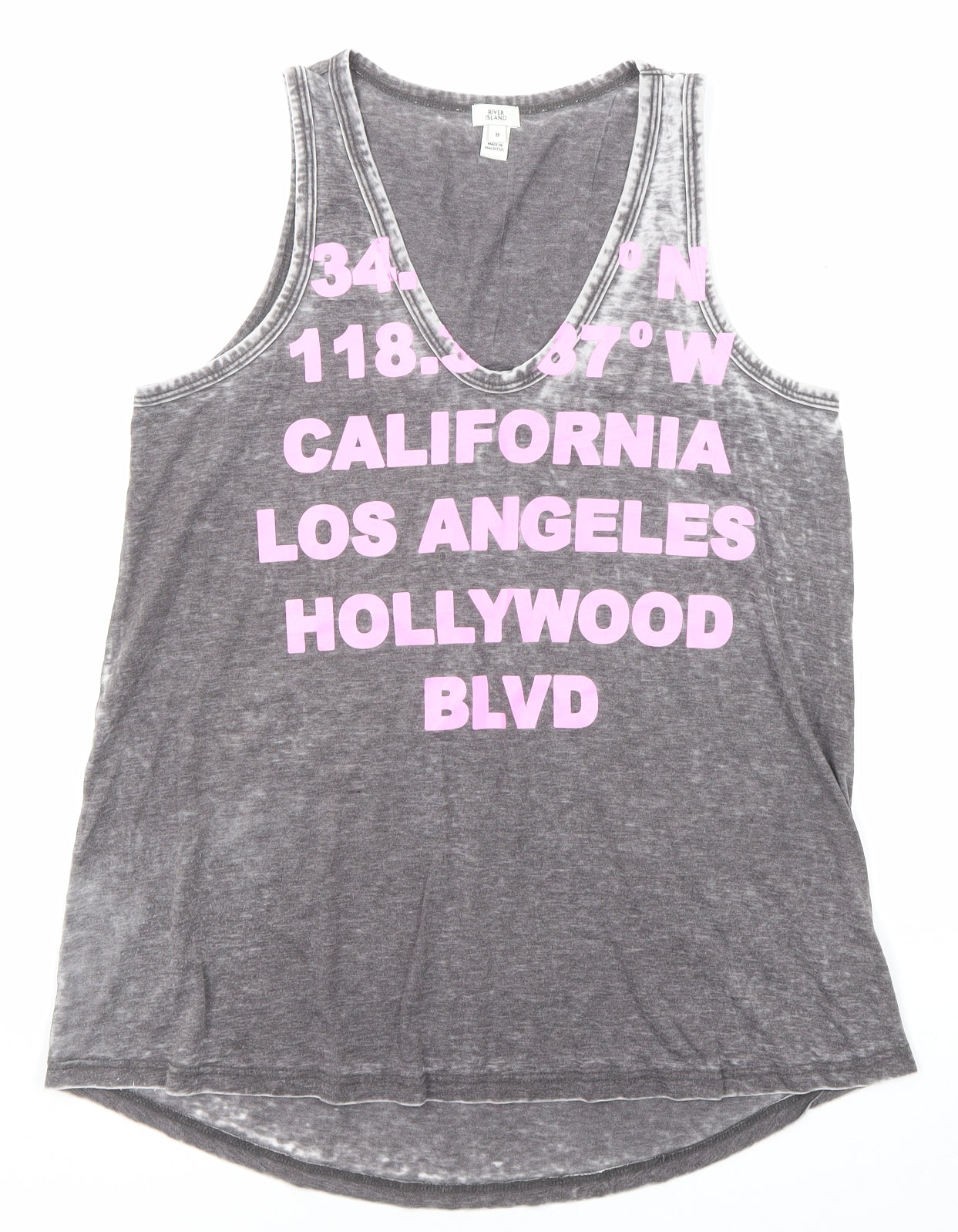 River Island Womens Grey Cotton Basic Tank Size 8 V-Neck - California, Los Angeles, Hollywood