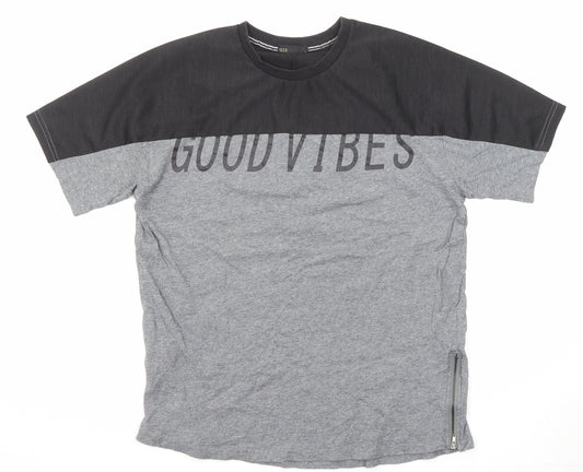 Seed Mens Grey Colourblock Cotton T-Shirt Size L Crew Neck Zip - Good vibes